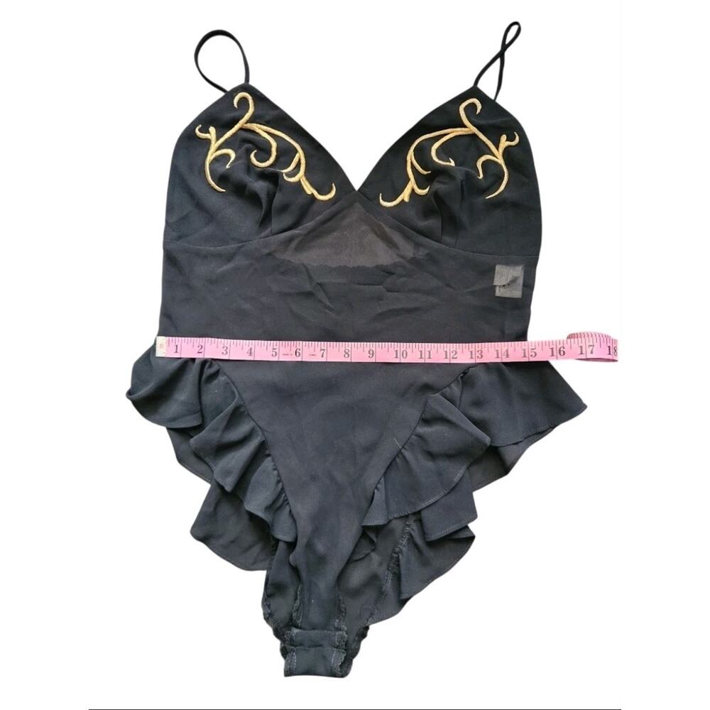 Vtg Josie Natori Black Sheer Teddy Gold Embroidery Ruffle Lingerie Bodysuit S - Picture 8 of 8